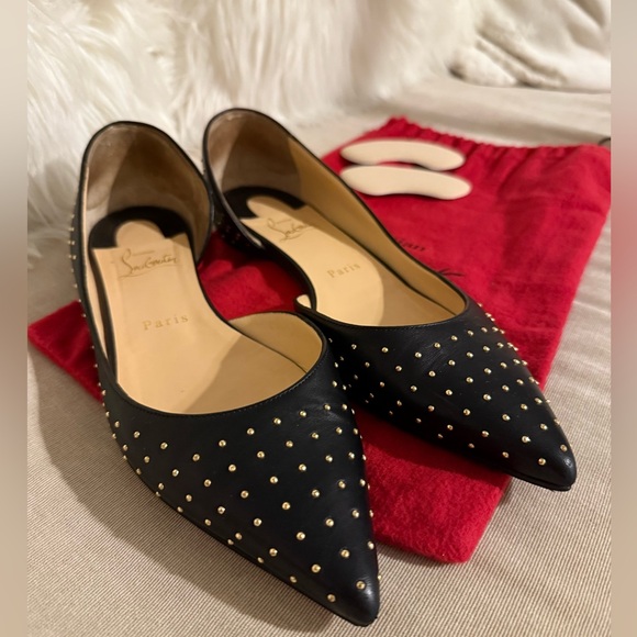 Christian Louboutin Shoes - Christian Louboutin Iriza Black Leather & Gold Stud Flat, Size 38.5